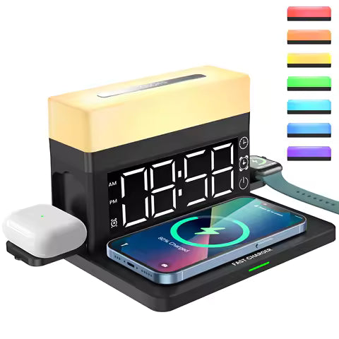 NEWQI Pengisi Daya Desktop 6-in-1 dengan Lampu &amp; Jam Alarm LED