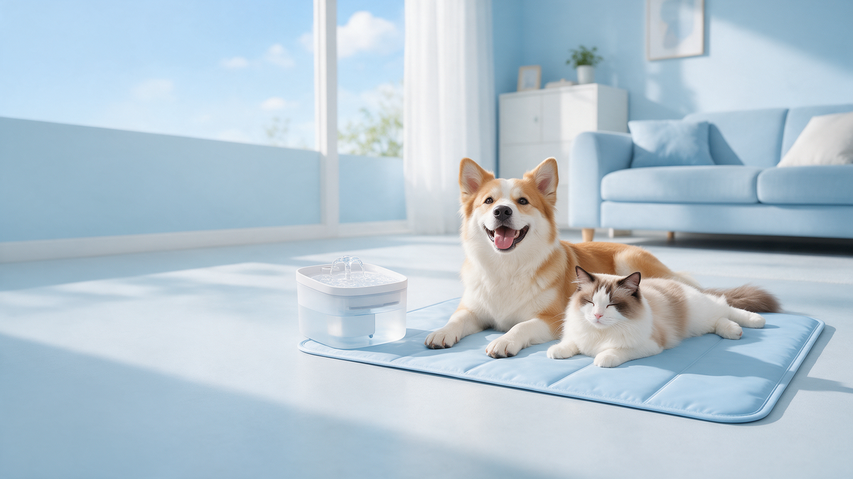 Happy dog and cat relaxing on a cooling mat next to a pet water fountain
